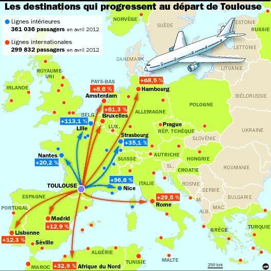 carte de Toulouse destinations de l'aéroport