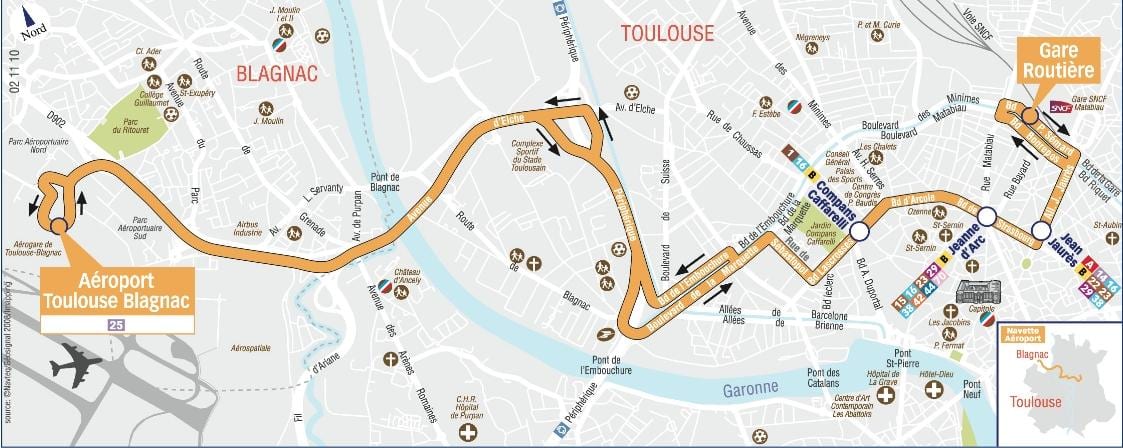 carte de l'aéroport de Toulouse navette route 